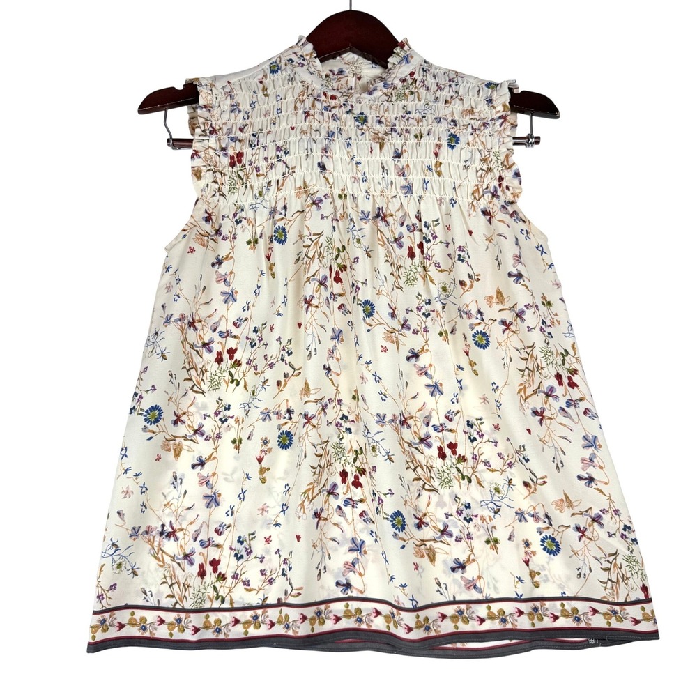 Max Studio Floral Smocked Top Women XS Sleeveless Ruffle Mock Neck Cottagecore